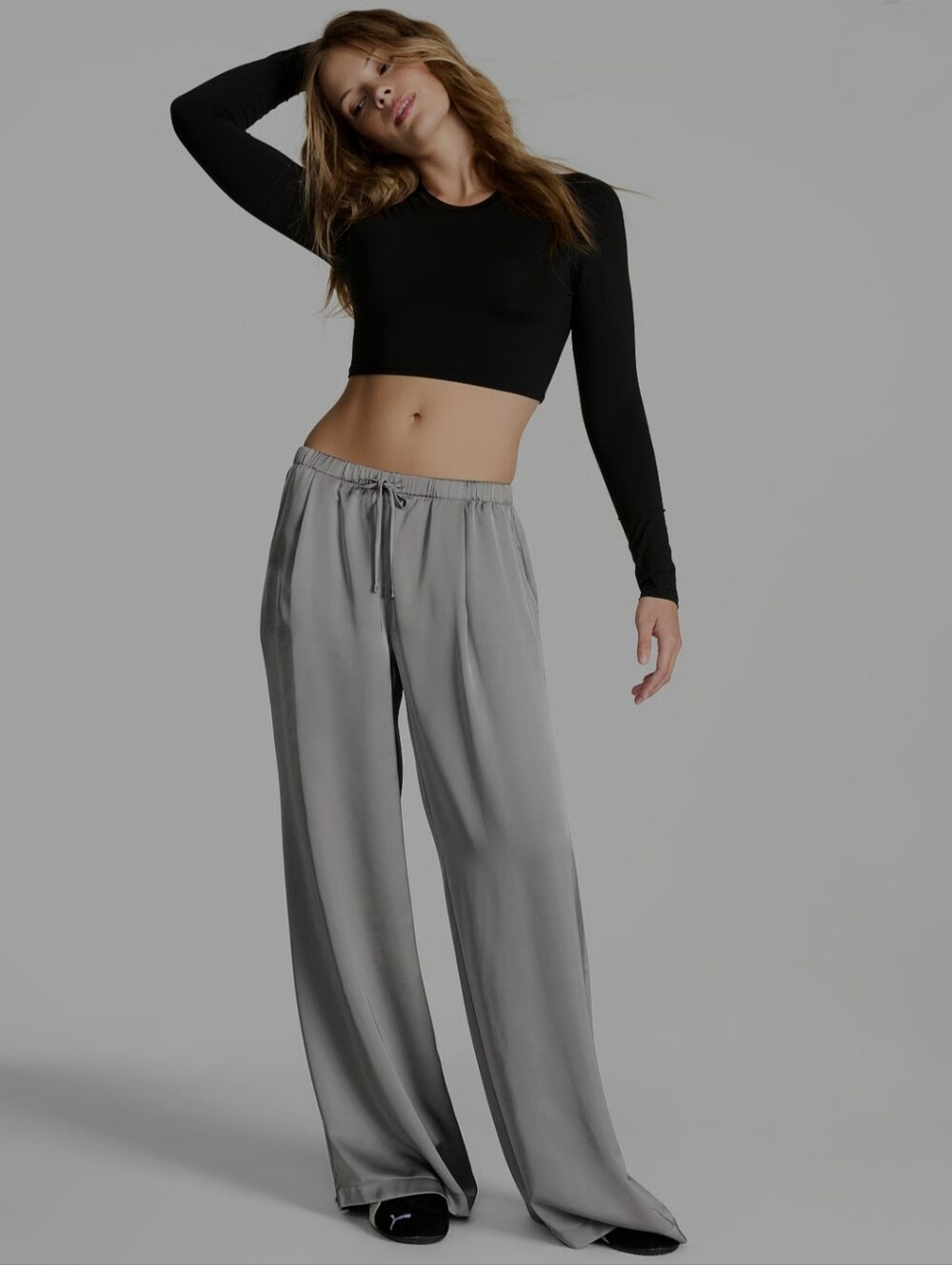 PINK Victoria's Secret Satin Pull-On Trouser Pants-Silver Lining Grey